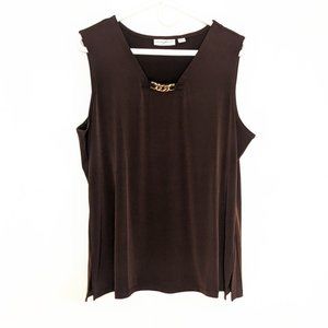 Susan Graver Top 1X Brown Gold Accent Sleeveless Women's Blouse Flowy